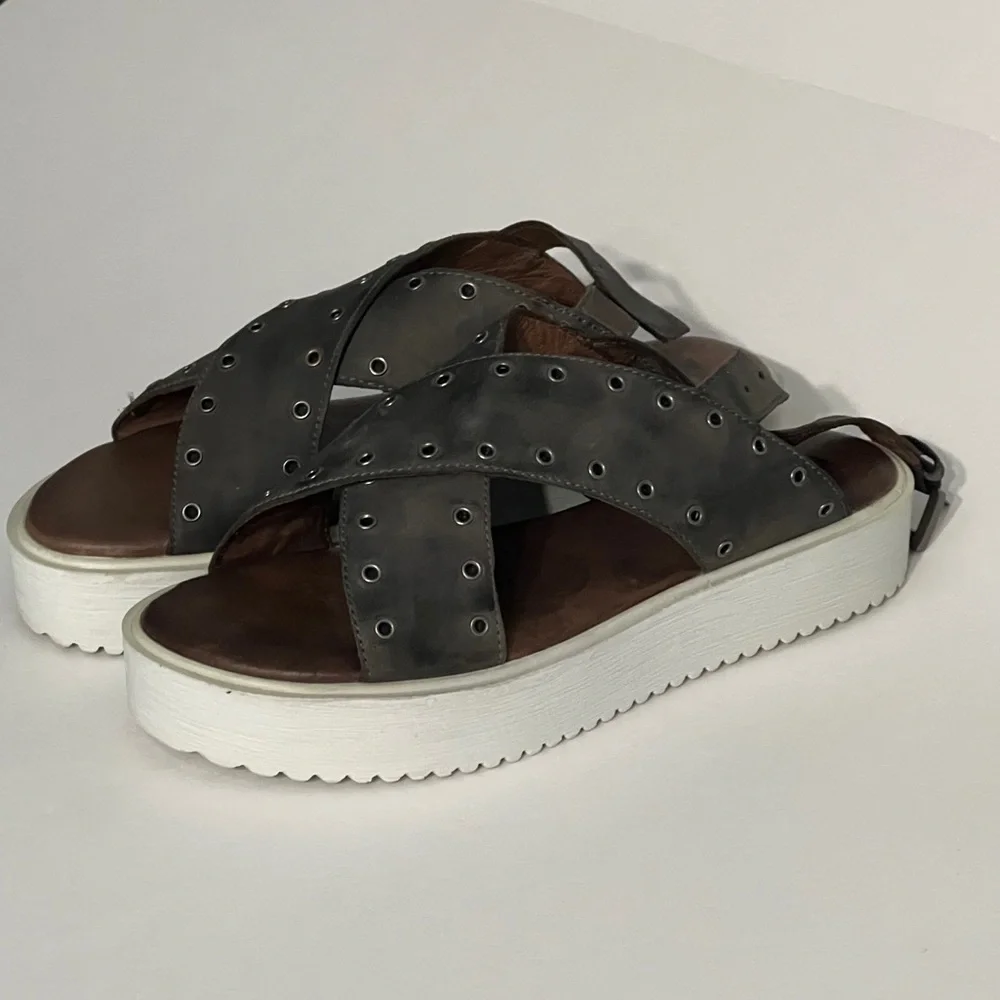 Bed Stu Roan Hali Platform Sandals, size 8.5. Grey  Leather heel strap grommets